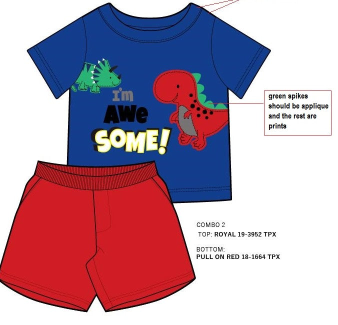 Combo 2 Kids - Dinosaur T-Shirt & Shorts Set - Royal Blue & Red