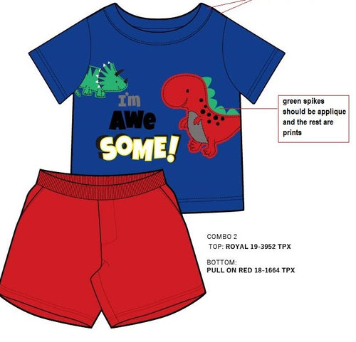 Combo 2 Kids - Dinosaur T-Shirt & Shorts Set - Royal Blue & Red