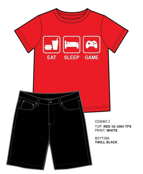 Combo 2 Kids' Eat Sleep Game T-Shirt & Black Twill Shorts - Red